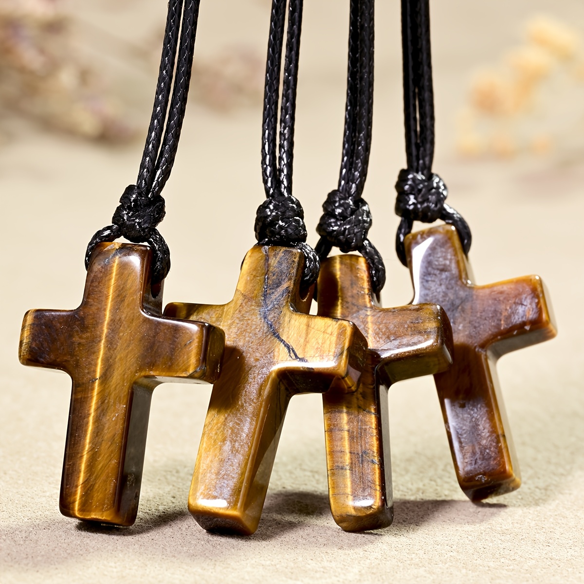 2pcs Cross Tiger Eye Stone Pendant Necklace Set